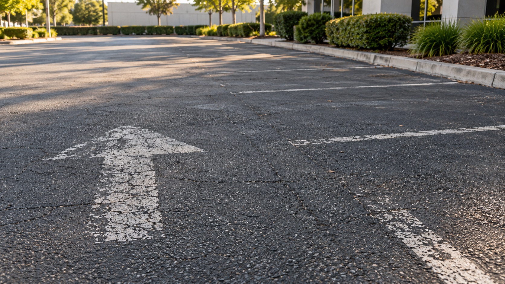 Worn directional arrow and parking lines on asphalt