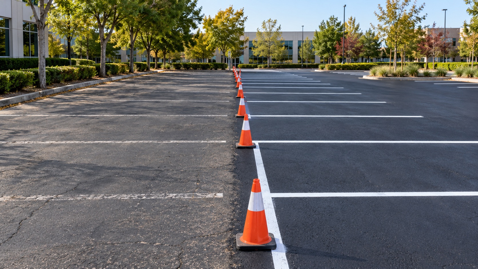 Parking lot transitioning from worn lines to freshly painted lines