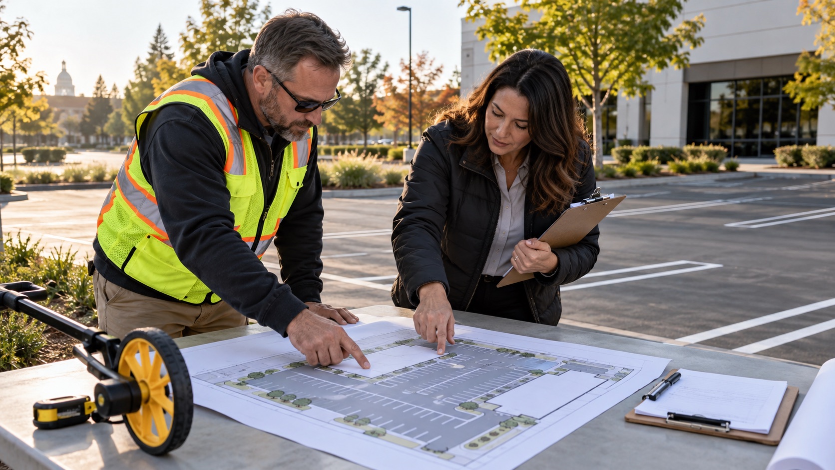 Property manager and contractor reviewing a parking lot plan