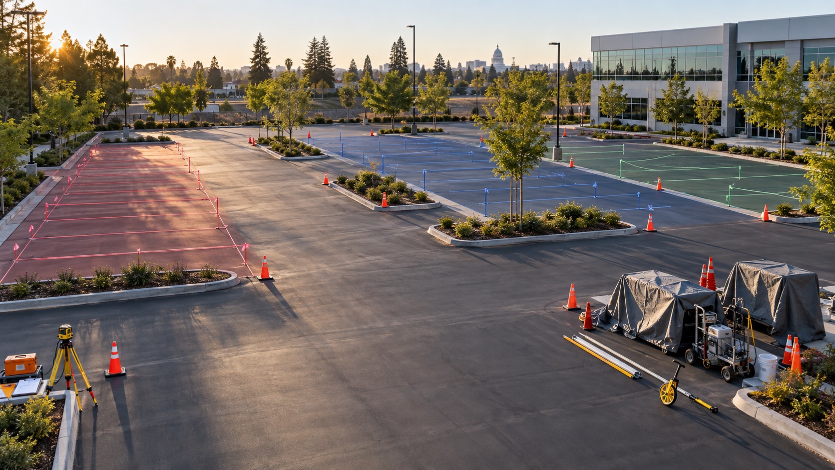 Commercial parking lot organized into preparation zones