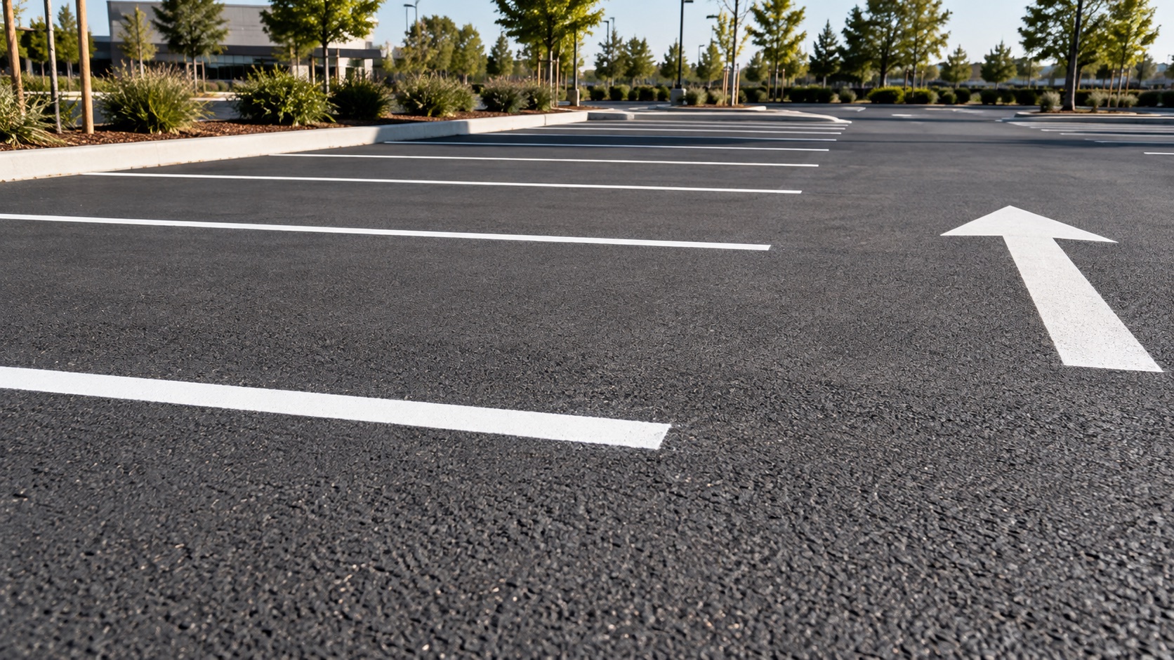 Fresh parking stalls and directional striping on asphalt