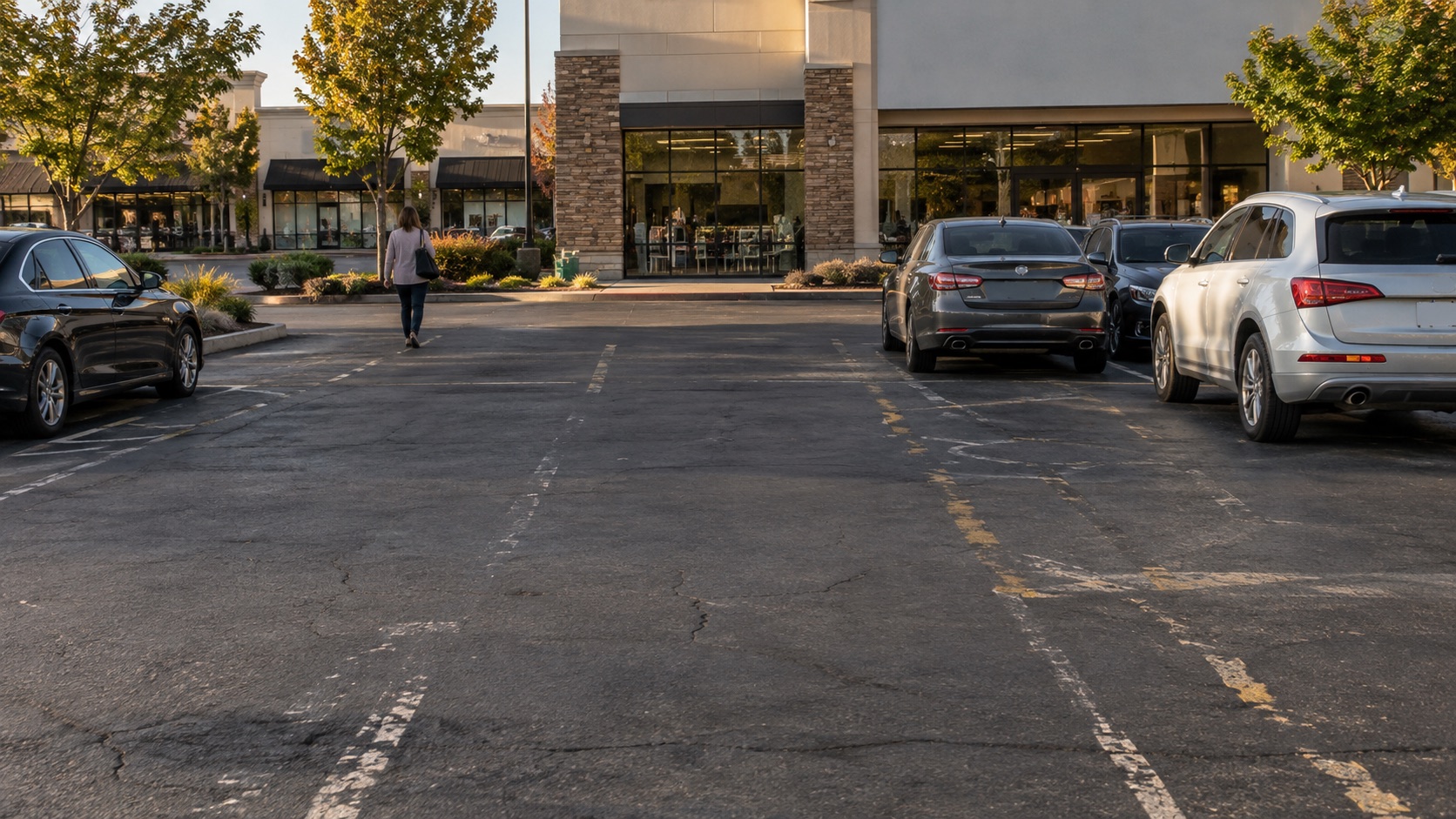 Illustration of a commercial parking lot with worn, difficult-to-see stall lines