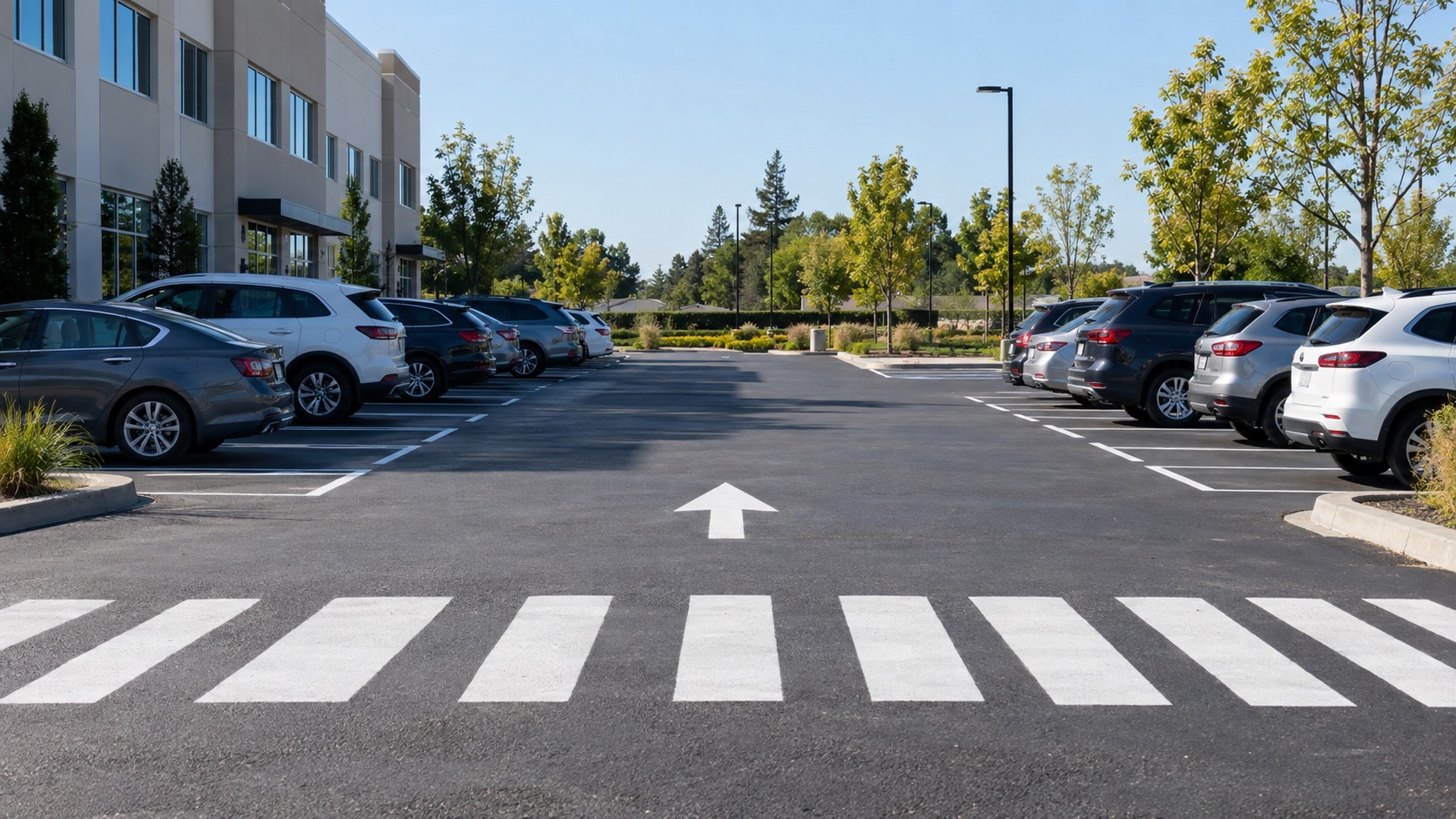 Illustration of an orderly commercial parking lot with fresh stall lines, a crossing, and a directional arrow