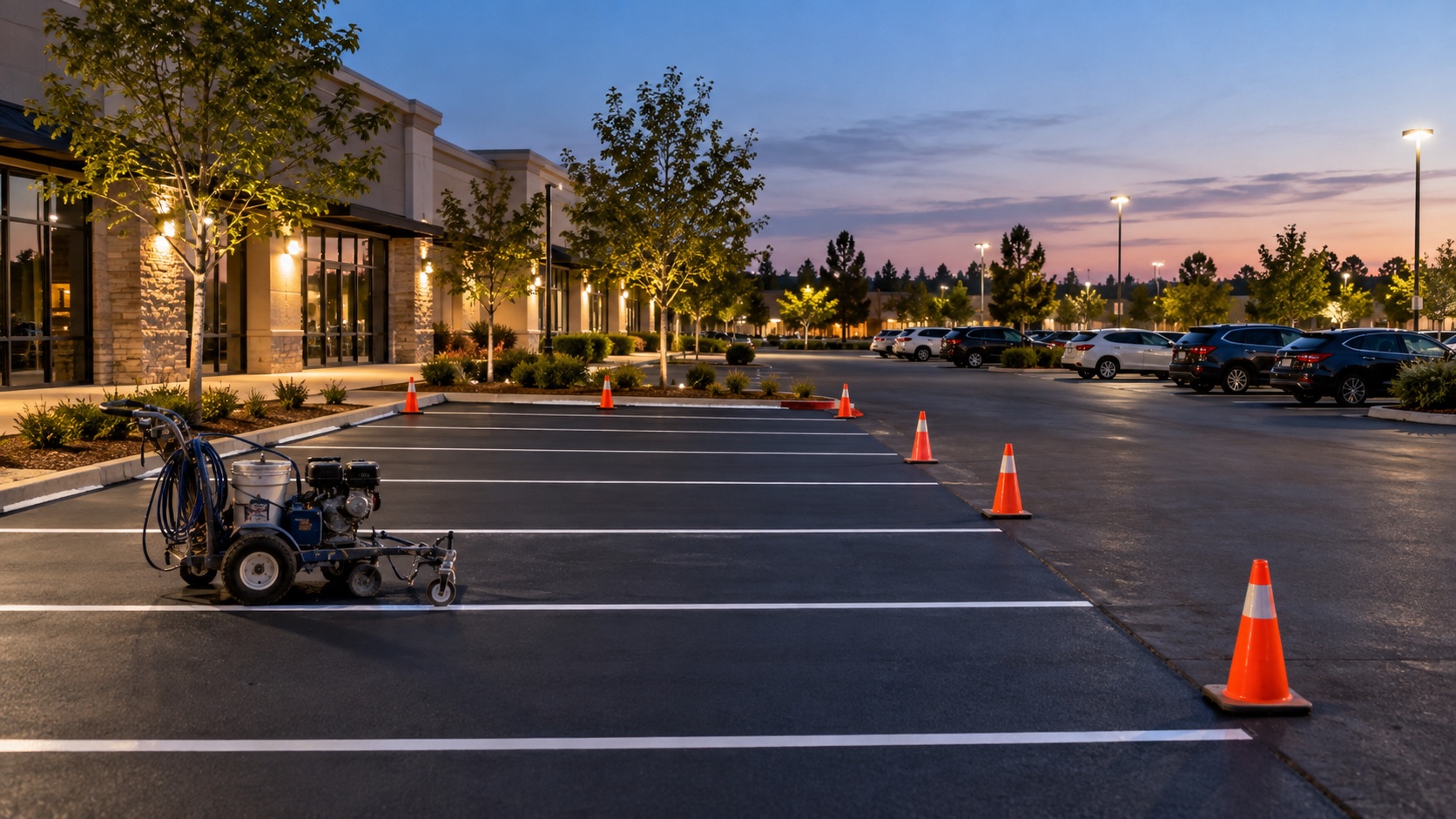 Commercial parking lot being restriped in phases after business hours