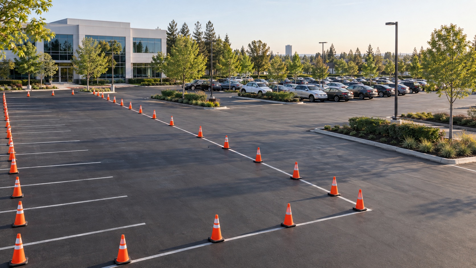 Commercial parking lot divided into two work phases
