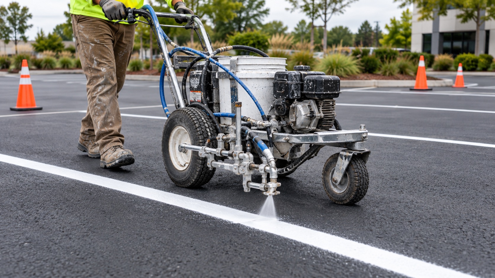 Parking lot striping machine applying a white line to dry asphalt