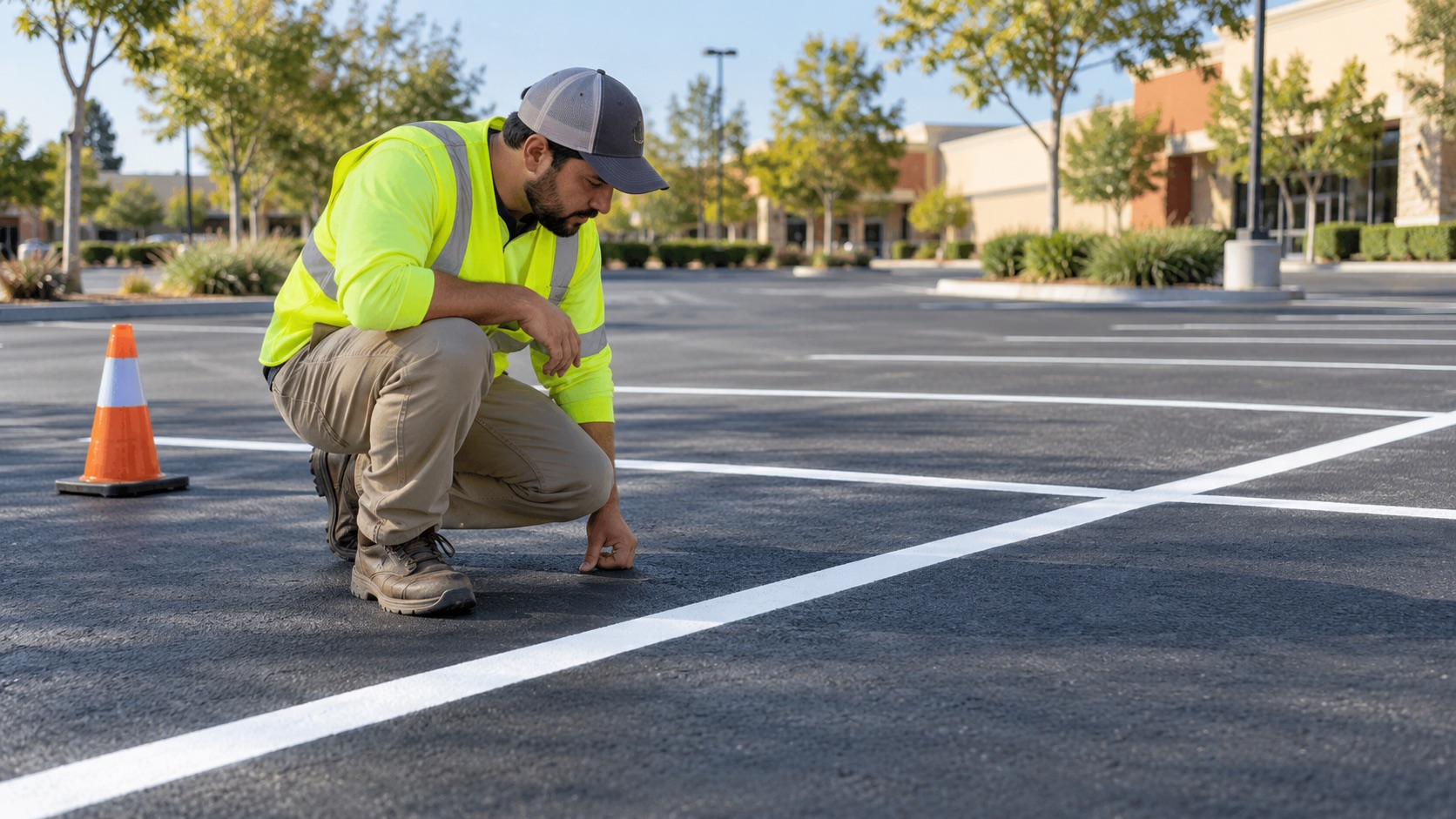 Striping professional checking a fresh parking stall line before reopening