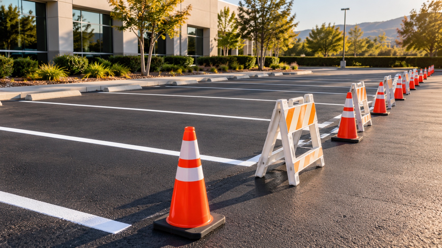 Fresh parking lot lines protected by cones and temporary barricades