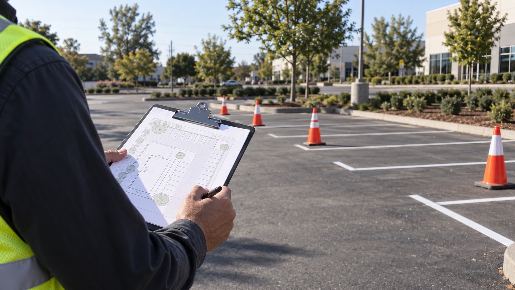 Property representative reviewing a phased parking lot plan