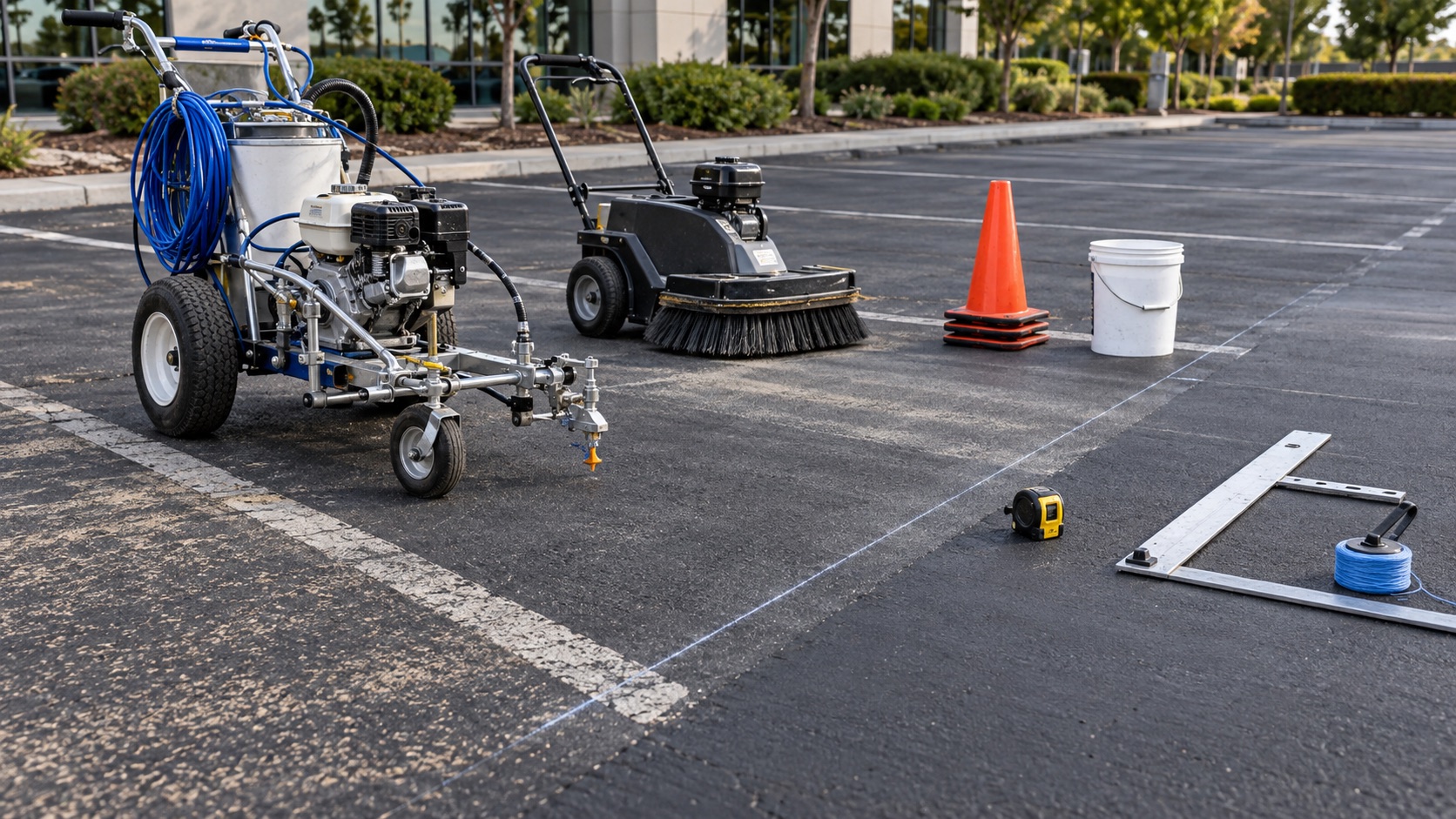 Professional striping equipment and layout tools on prepared asphalt